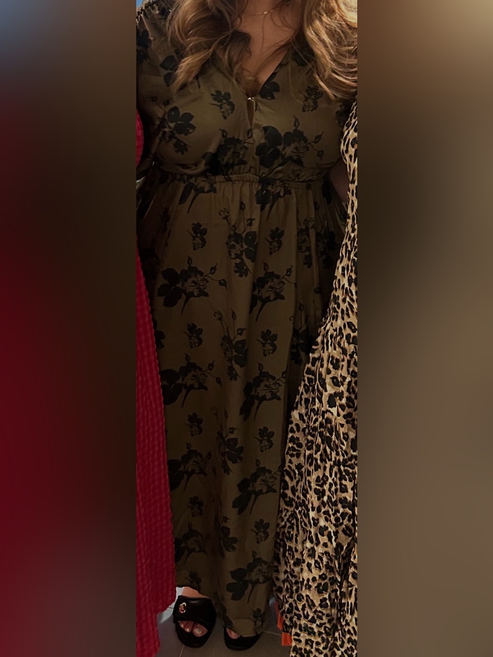 Olive Floral Midi Dress with Button Front